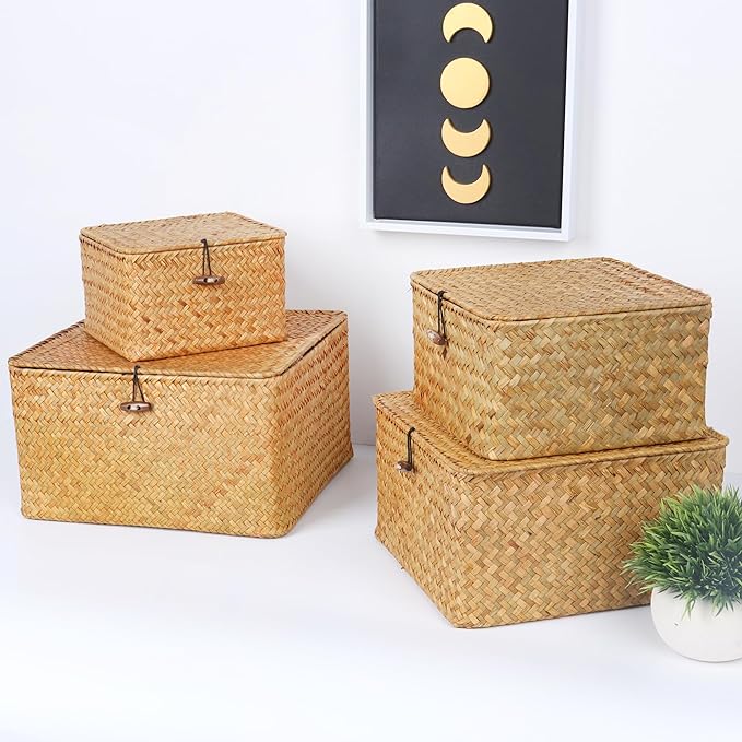 Moosky Wicker Shelf Baskets with Lid, Handwoven Seagrass Storage Basket Bins Square Gift Boxes for Shelves Home Decor Organizer (Natural, Large)