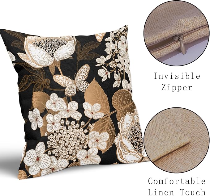 Vintage Floral Pillow Covers 16X16 Inch Set of 2 White Flowers Gold Leaves Botanical Decorative Pillow Cases Rustic Leaf Black Cotton Linen Cushion Case Farmhouse Home Decor for Sofa Couch