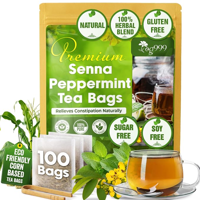 TOG999, 100 Tea Bags, Blend of Senna Leaves - Peppermint - Licorice - Fennel, 100% Natural Ingrendients, Hand-made Herbal Tea, Relieves Constipation Naturally Tea, No Sugar, No Caffeine, No Gluten, Vegan.