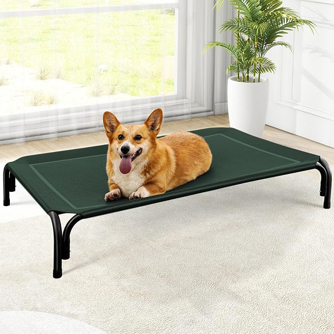 Elevated Outdoor Elevated Dog Bed for Medium Sized Dogs, No-Tool Assembly. | Raised design promotes airflow. Tool-free assembly, easy-to-clean mesh, portable, with anti-skid feet. Indoor/outdoor use.