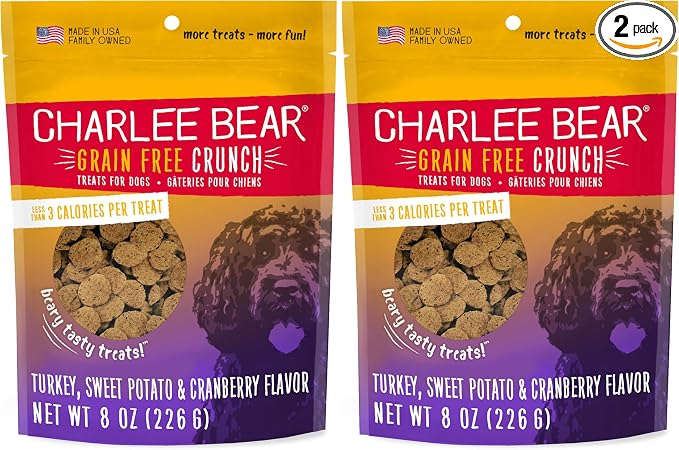 Charlee Bear Crunch Grain Free Dog Treats,Turkey,Sweet Potato and Cranberry,8 Ounce Resealable Bag,Low Calorie Training Treats for Dogs,Limited Ingredient, Crunchy Dog Snacks, Made in USA (Pack of 2)