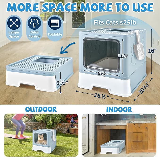 Covered Cat Litter Box, Extra Large Drawer Design with Dual Entry, Blue | 13L litter capacity, adjustable door, leakproof structure, cleaning accessories, complimentary cat litter mat