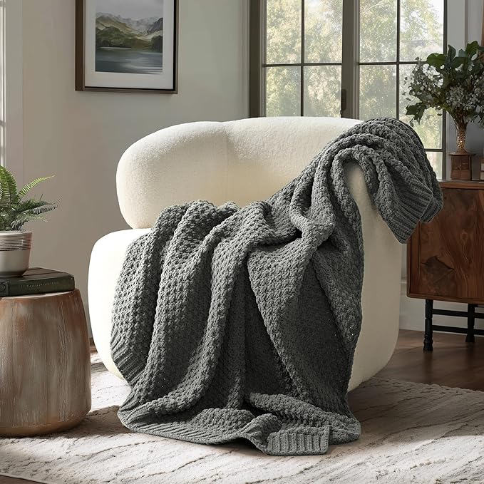 EVERGRACEHOME Chunky Chenille Knit Throw Blanket, 50 x 60, Charcoal Gray | Sculpted Moss Stitch, Chic Modern Farmhouse, All-Season Warmth, OEKO-TEX® Certified, Elegant Blanket for Couch, Bed, Sofa