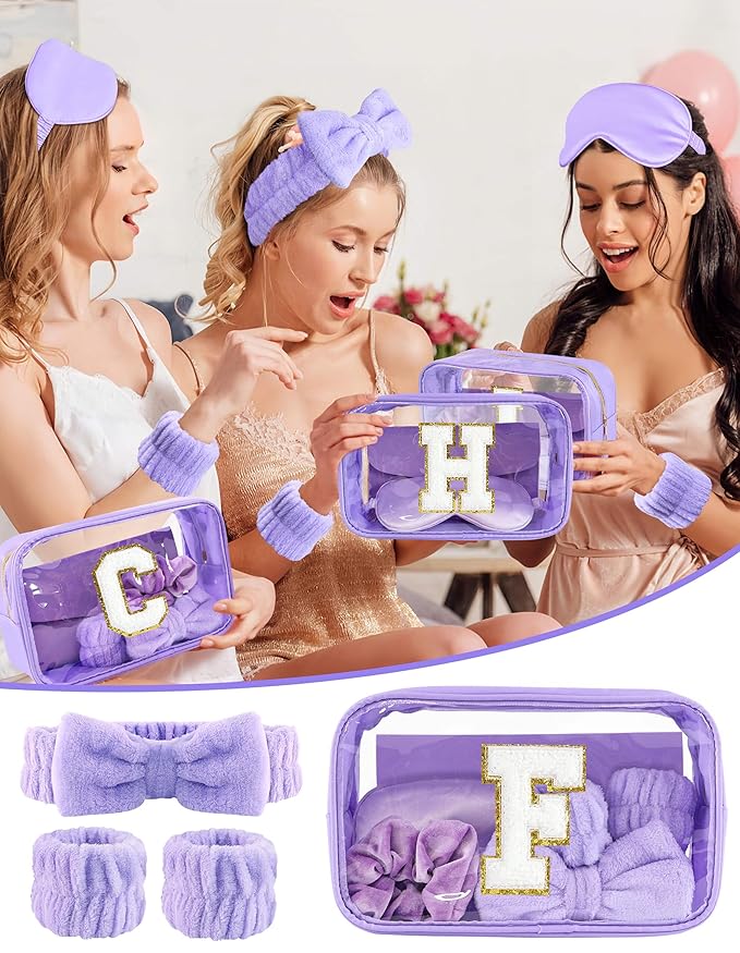 Gift Sets for Women, Initial Makeup Bag with Makeup Brush Set Bachelorette Party Favors, Purple Spa Kit with Skincare Headbands Wrist Bands Sleepover Party Supplies Gifts for Teen Girls Bridesmaid F