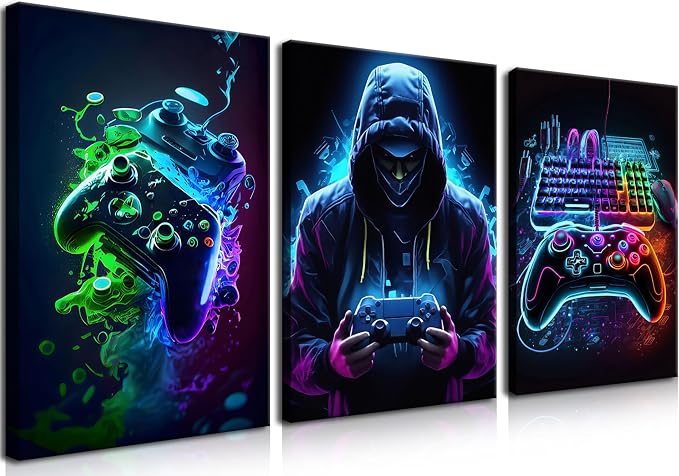 BGFCE Cool Gaming Canvas Wall Art Set of 3, Retro Video Game Watercolor Poster Pictures, Neon Gamepad Gamepad Painting Prints Game Room Bedroom Wall Decor 16x24 in Framed