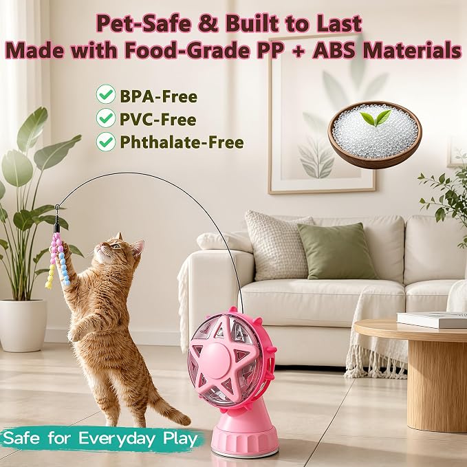 Cat Toys for Indoor Cats，Interactive Cat Toy Kitten Toys Enrichment with Adjustable Cat Food Dispenser, Slow Feeder Puzzle Removable Teaser Wand Toy for Bored Indoor Adult Cats (Rosy Pink)