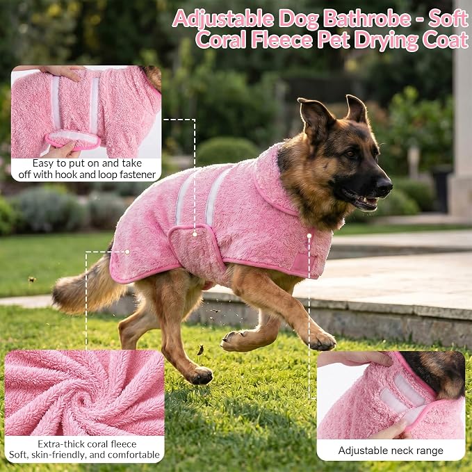 Bienbee Dog Bathrobe, Super Absorbent for Small to Large Dogs, Pink M | Dog Robes with Soft Fleece, Warm & Cozy, Adjustable Fit, and Quick Drying Coat for Baths Swimming and Grooming