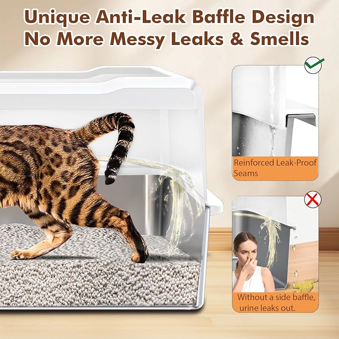 Extra Large Stainless Steel Litter Box for Large Cats | 50% Thicker Metal, High Sides, Leak-Proof, Non-Stick Surface, Odor Resistant, Easy Clean