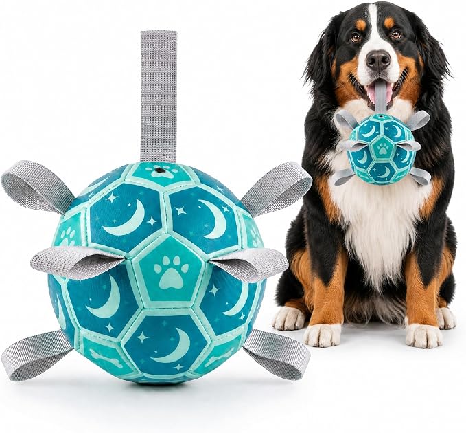 Dog Soccer Ball with Straps, 7.25 Inch Herding Dog Ball Toys Dog Birthday Toy, Balls for 30-90lbs Dogs, Outdoor Dog Toy for Medium Large Puppy, Interactive Toy for Tug, Water Toy Ball,Blue