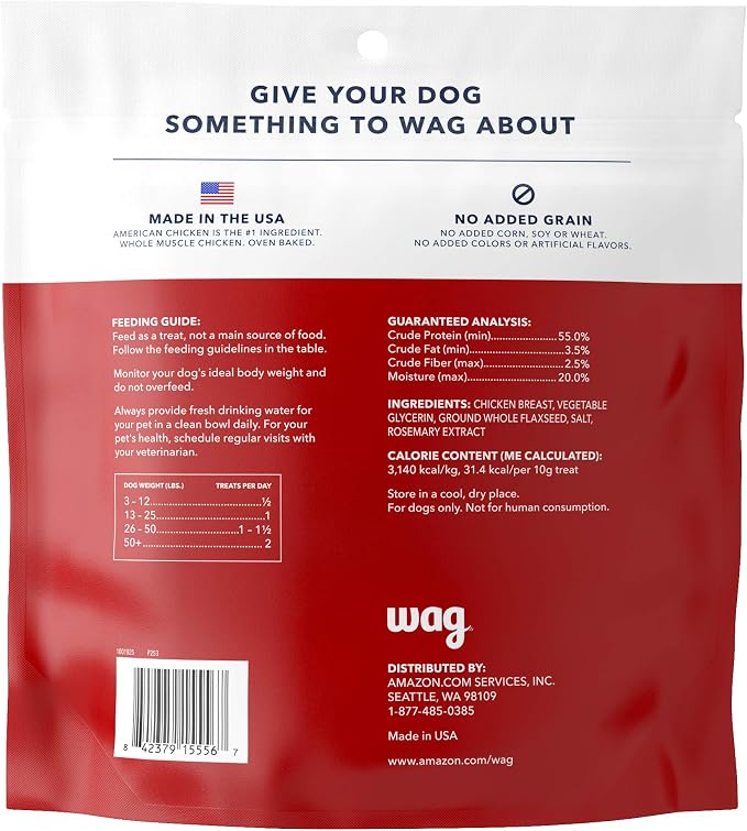 Amazon Brand – Wag Chewy Whole Muscle American Jerky Dog Treats – Chicken & Flaxseed (1 lb), Grain Free