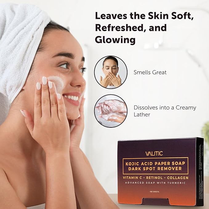 VALITIC Turmeric Kojic Acid Cleansing Soap Melting Sheets - Dark Spot Corrector Paper Soap - 100 Travel Size Facial Exfoliating Sheets With Vitamin C, Retinol, Collagen - 2 Pack