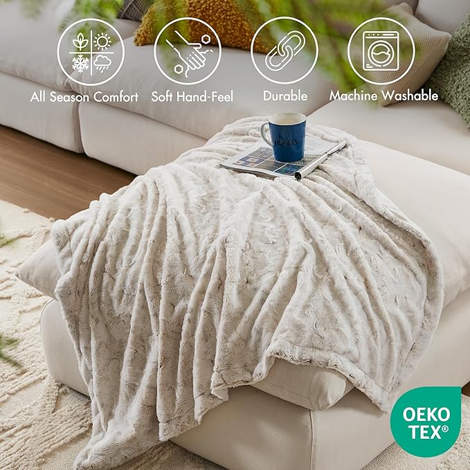 Madison Park Zuri Faux Fur Reversible Throw Blanket, 50 x 60, Snow Leopard | Oversized Soft Plush, Luxury, Animal Stripes, Mink Reverse, Modern, All Season, for Bed Sofa Couch, OEKO-TEX Certified
