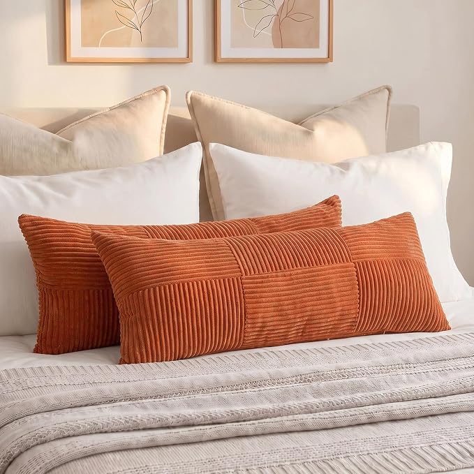 Fancy Homi Set of 1 Burnt Orange Boho Long Lumbar Body Decorative Throw Pillow Cover 21x54 Inch for Bed Couch Bedroom Bench, Soft Patchwork Corduroy Textured Pillow Case, Rustic Farmhouse Room Decor