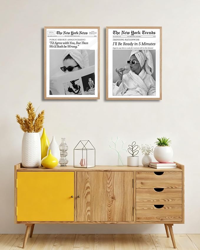 EcoHest 12x16 in I'll Be Ready in 5 Minutes Newspaper Framed Wall Art | Natural Oak Wood Frame with Canvas Wall Art, Feminist Newspaper Wall Decor for Bathroom, Bedroom, Apartment, Dorm Room, 1Pack