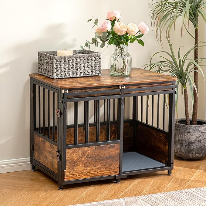 KOOPRO 32" Dog Crate Furniture with Cushion, Heavy Duty for Medium Dogs | Wooden Dog Kennel with Double Doors, Decorative Pet House Dog Cage Side End Table Indoor, Sliding Door Chew-Resistant