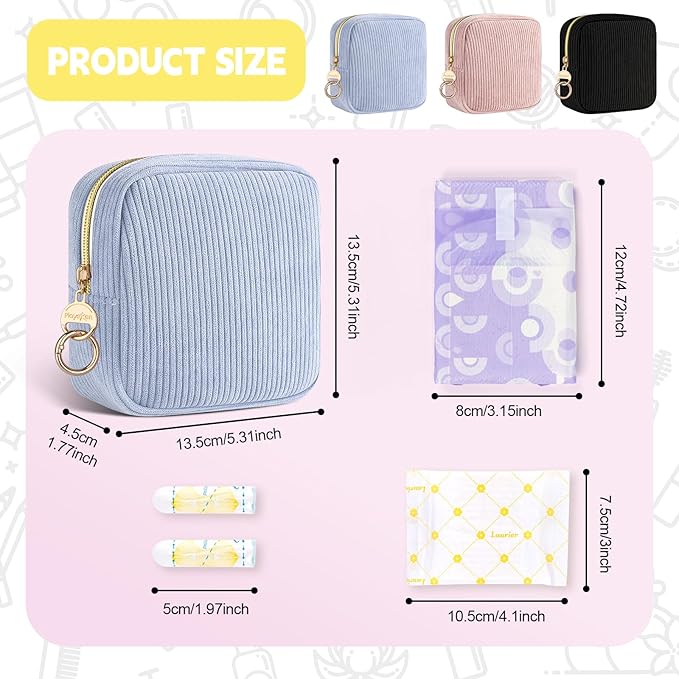 First Period kit for Girls, Corduroy Cute Sanitary Napkin Storage Bag, Menstrual Pad Bag Tampon Holder for Purse, First Period Gifts (Black)