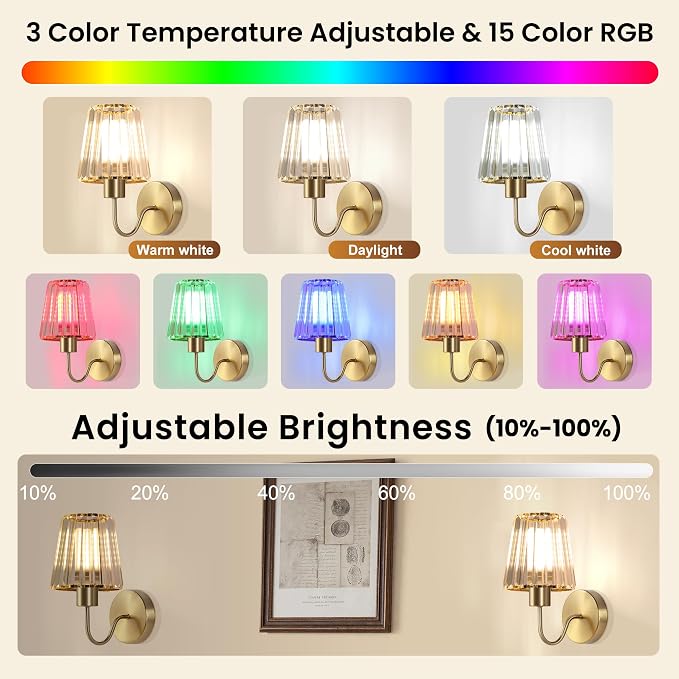Wireless Sconces Wall Decor Set of 2 for Room Easy to Install | Rechargeable Battery Operated Light Bulbs 10000mAh Remote Control Timer Dimmable 15RGB Modern Gold Crystal Lampshade