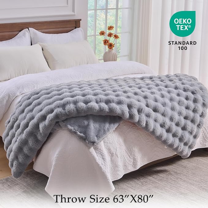 BENVWE Fluffy Faux Fur Throw Blanket for Couch, Soft Plush Thick Cozy Fuzzy Luxury Minky Bubble Blanket for Home Living Room Decor Gift for Women, Light Grey, 63" x 80", 1100GSM