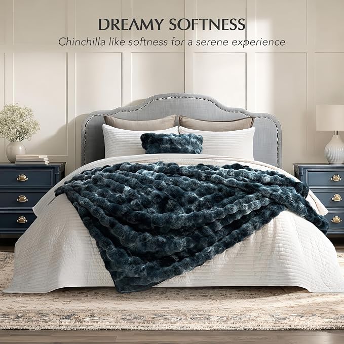 Faux Rabbit Fur Bubble Throw Blanket, 60"x80", Marble Deep Indigo | Ultra Soft, Luxury Faux Rabbit Fur Throw, Thick Warm Bubble Blanket, Cozy Fluffy Reversible, for Bed, Couch, Chair, Sofa