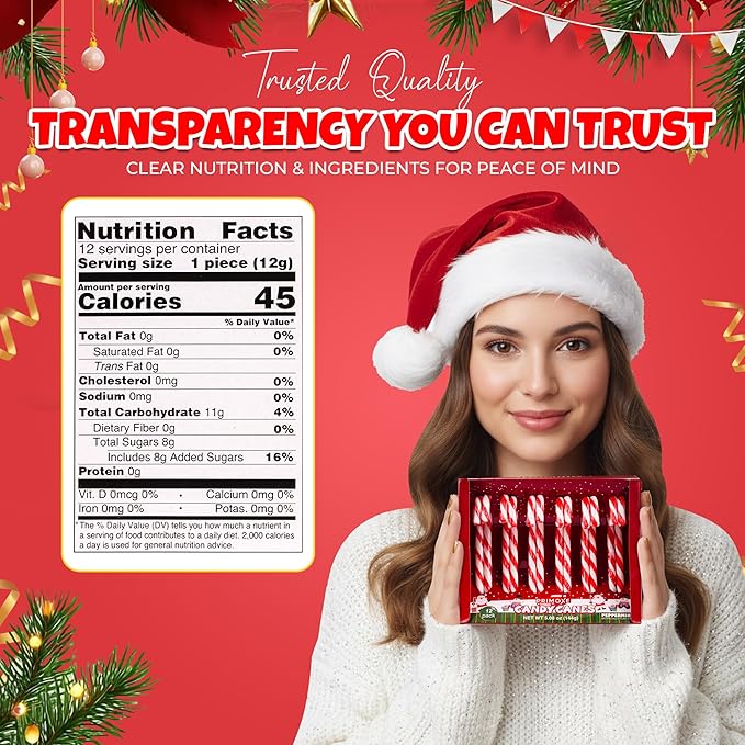 Christmas Candy Canes 12 Pack - Classic Red & White Peppermint Cane Sticks Individually Wrapped - Bulk Christmas Candy for Holiday Treats, Decorations, Stocking Stuffers & Gifts