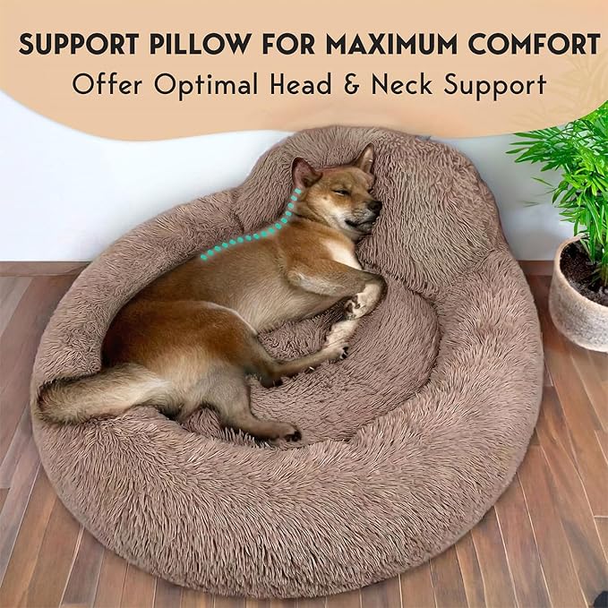 PetJett Calming Medium Dog Bed - 30'' Round Dog Beds - Washable Dog Bed - Anti-Slip Super Soft Fluffy Plush Donut Bed, Anti-Anxiety Premium Comfort Pet Bed, Fits Dogs up to 45 lbs - Beige