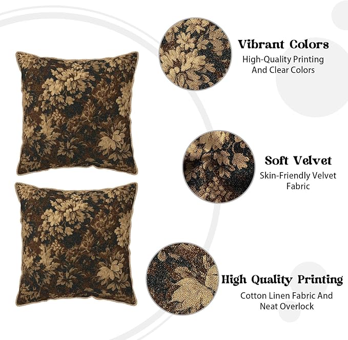 Vintage Dark Brown Flowers Velvet Pillow Covers 16x16 Inch Boho Retro Abstract Floral Throw Pillows for Couch Cushion Covers Pillowcase Bohemian Farmhouse Pillow Cases for Sofa Bed Bedroom
