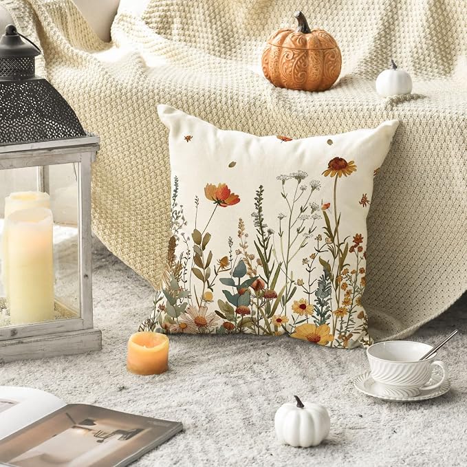 AVOIN colorlife Fall Flowers Throw Pillow Cover 18x18 Inch | Seasonal Autumn Thanksgiving Harvest Decoration for Sofa Couch Farmhouse Living Room Decor