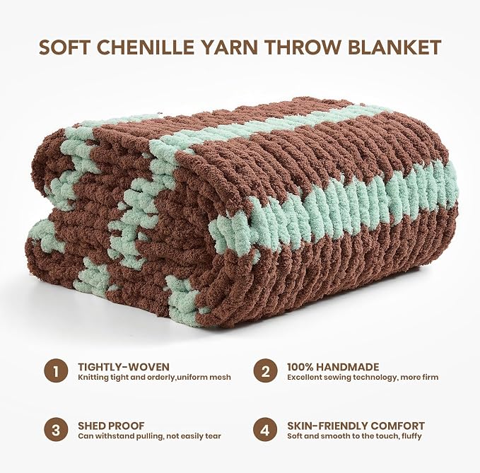L'AGRATY Chunky Knit Throw Blanket for Couch, 60 x 80 Inches, Brown Green | Handmade Chenille Crochet Blanket for Sofa Bed, Thick Cable Knitted Blankets for Room Home Decor, Birthday Gift for Women Mom