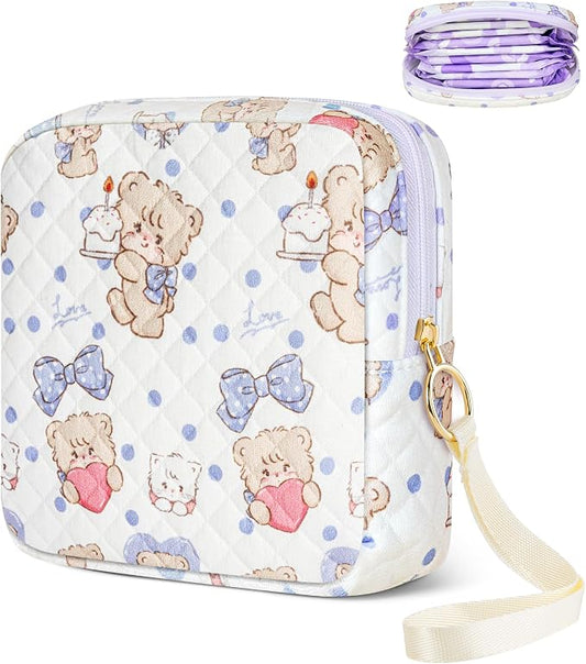 Likesing Tampon Holder for Purse, Quilted Period Bag Sanitary Napkin Storage Bag for Girls Womens, Portable Feminine Emergency Pad Period Pouch(Butterfly Bear)