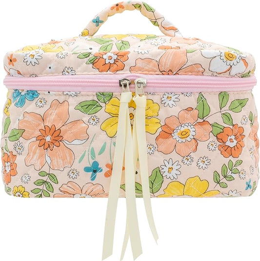 PAZIMIIK Quilted Makeup Bag Large Travel Zipper Soft Cosmetic Case for Women Girls Make Up,Floral Orange