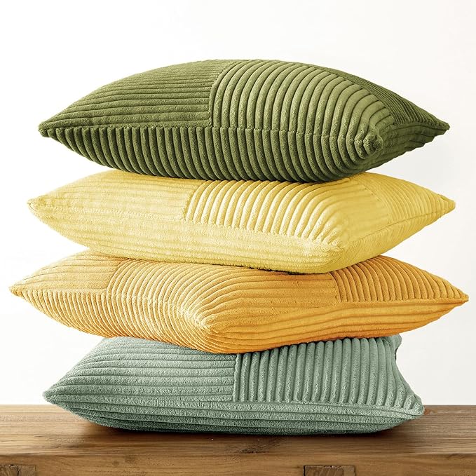 MIULEE Boho Farmhouse Spring Decorative Throw Pillow Covers 20x20 Inch 4 Packs Soft Vintage Pillow Cases Modern Corduroy Patchwork Cushion Covers for Couch Sofa Bed Summer Home Decor, Yellow Green