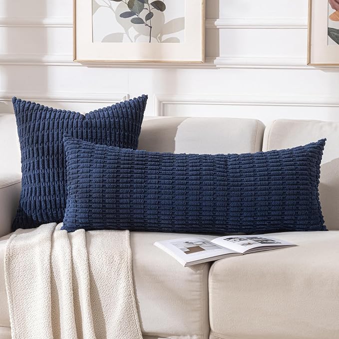 Fancy Homi Decorative Throw Pillow Covers for Bed Couch Bedroom Bench, Soft Corduroy Solid Pillow Case, Rustic Farmhouse Boho Room Decor,36" x 14" (Pack of 1),Navy Blue