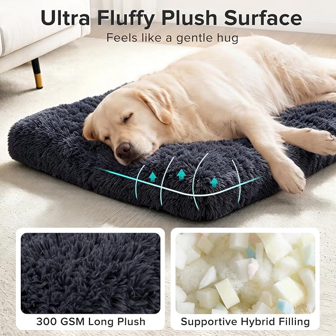 JOEJOY Large Dog Bed Crate Pad, Deluxe Plush Washable Dog Beds Fulffy Soft Kennel Pad Anti-Slip Pet Sleeping Mat for Extra Large Medium Small Dogs, 44" x 32", Dark Grey