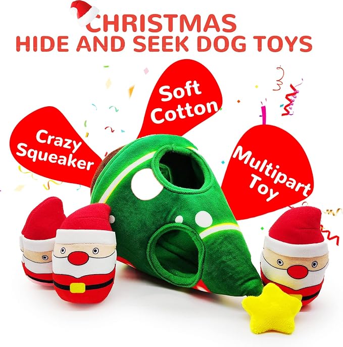 lilfrd Christmas Dog Toys, 4 Pack Santa Xmas Tree Hide & Seek Squeaky Toy