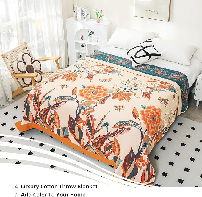 VANJOROY Boho Throw Blanket, 100% Organic Cotton Breathable Soft Lightweight All Season Rustic Bed Throw - Floral Bird Farmhouse Decor Blanket for Sofa Couch Chair Quilt and Gift. 60" x 80"