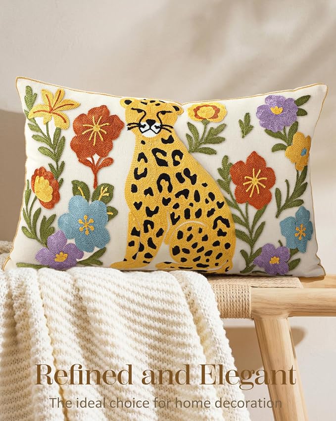 Animal Embroidered Lumbar Pillow Cover 20x12 Inch, Leopard Floral | Decorative Throw Pillow Cover, Boho Cushion Cases with Hidden Zipper, Fall Decor for Couch, Sofa, Living Room, Bed