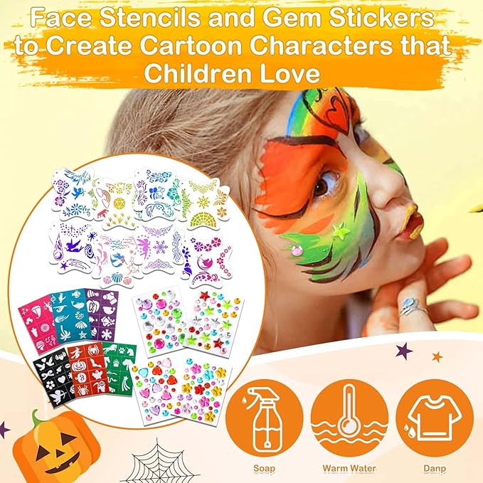 41 Color Face Painting Kit for Kids & Adults, Non-Toxic Water Activated Face Paint Palette with 28 Crayons, Reusable Stencils, Brush, Sponge, Gems - for Halloween, Birthday Party, Costume Makeup