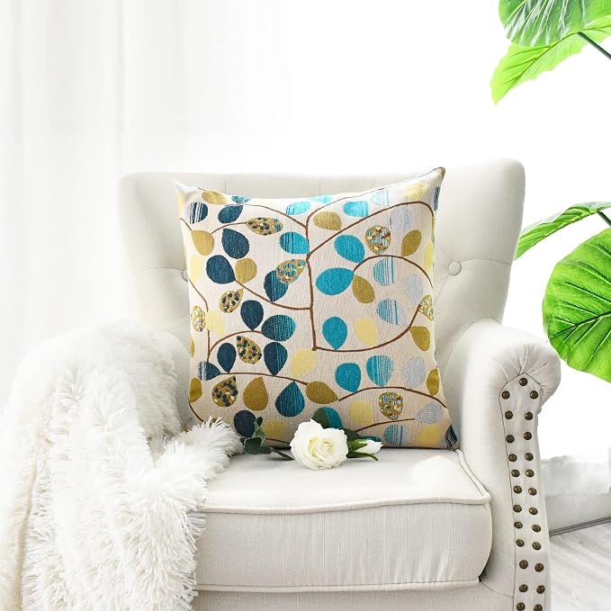 CaliTime Decorative Throw Pillow Covers 16 X 16 Inches Ecru Teal Gray | Luxury Chenille Cute Leaves Cushion Case Shell for Couch Sofa Bed Living Room Home