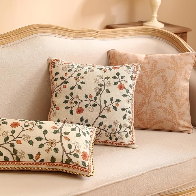 Designer Elegant Linen Throw Pillow Cover,Set of 2,20"x12"-Flora A | French Rectangle Decor Pillow Cover,Concealed Zipper Design,Floral Pattern,Sofa,Bedroom,Living Room,Lounge Chairs