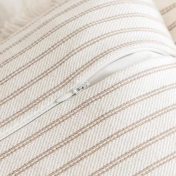 YEENAASY Throw Pillow Covers 24x24 Boho Striped Pillow Cases with Tassel | Set of 2 Fringe Pillow Cover Farmhouse Cushion Covers Neutral Pillows Decorative Square Pillowcase for Couch Sofa Bed, Khaki