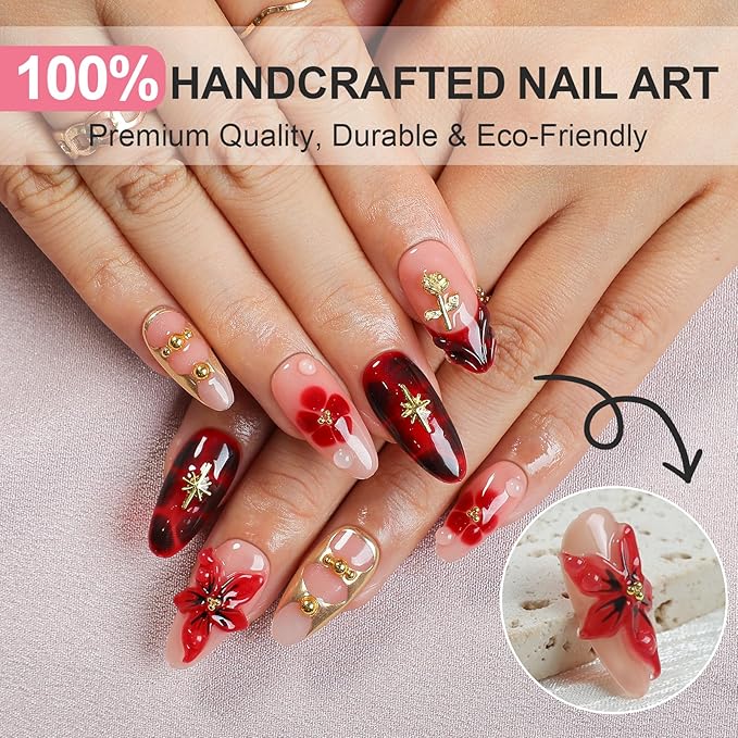 Luxury Red 3D Flower Press on Nails with Gold Roses - Almond False Nails Handmade Design for Women Wedding Party Evening Events