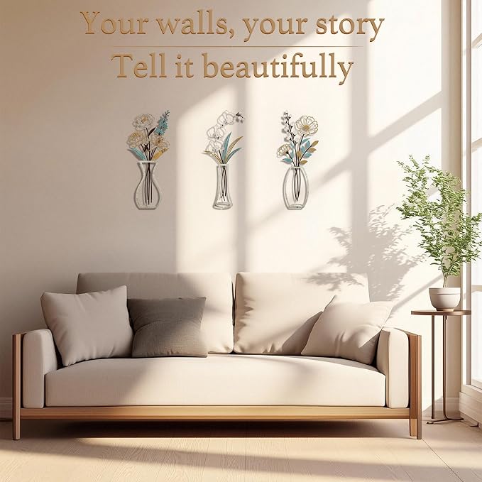CarryWise 3 Piece Metal Flower Wall Art for Bedroom Living Room, Flower Blue gold