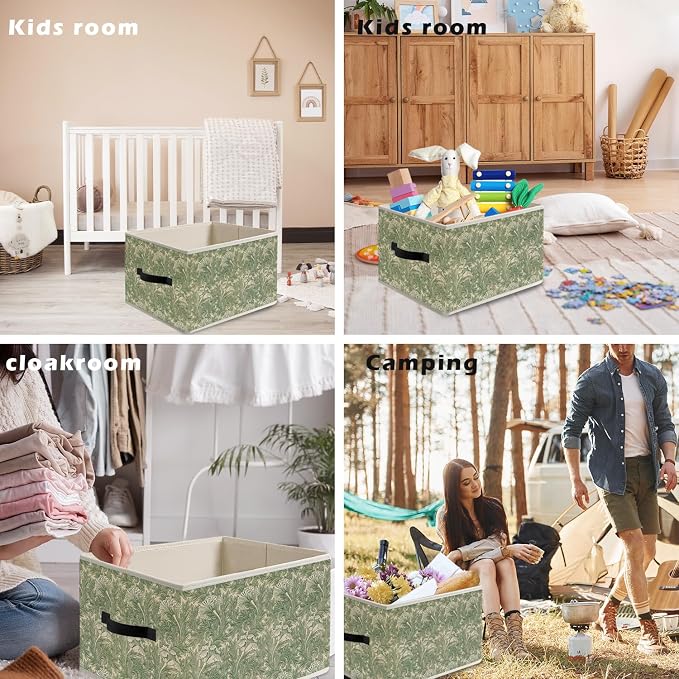 William Morris Inspired Floral Storage Bin Box with Handles, Vintage Green and White Tulip Flower Foldable Organizer Basket Toybox for Home Bedroom Bathroom Clothes Toys Books