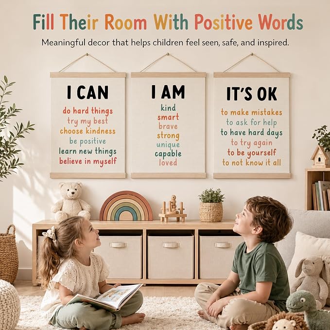 Koesus Inspirational Classroom Wall Art Poster Hanger Frame 12x16 Inch Set of 3, Positive Affirmations for Kids, Motivational Canvas Pictures Prints Framed Wall Decor for Classroom Kids Room Playroom