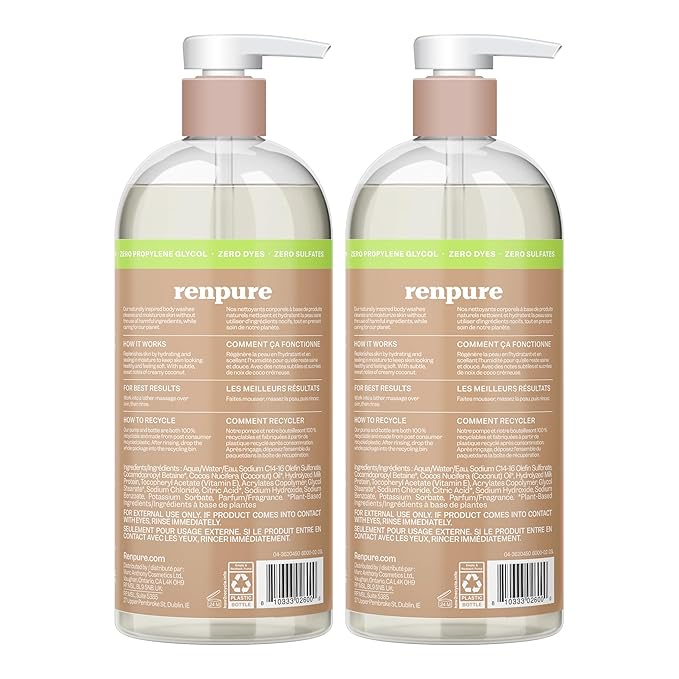 Renpure Coconut Milk & Vitamin E Moisturizing Body Wash - Gently Cleanses & Restores Moisture Balance - For Soft, Hydrated & Healthy-Looking Skin - With Coconut Oil & Vitamin E - 24 Fl Oz, 2 Pack