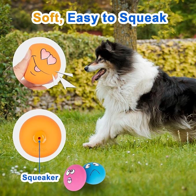 Dog Squeaky Toys Fun Facial Expression Latex Squeaky Dog Balls Large Size Chewing Rubber Soft Interactive Fetch Play Balls for Big Dogs (3 PCS)