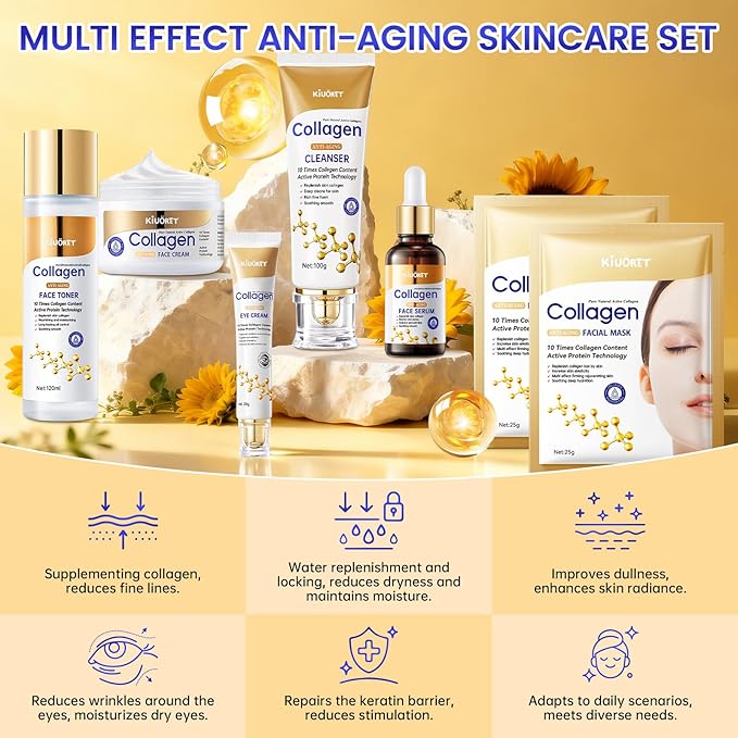 Collagen Skin Care Set - 7PCS Moisturizing Skin Care Set Reduce Wrinkles & Fine Lines, Long-Lasting Oil Control, Firm Skin - With Cleanser, Toner, Serum, Eye Cream, Face Cream & Facial Masks