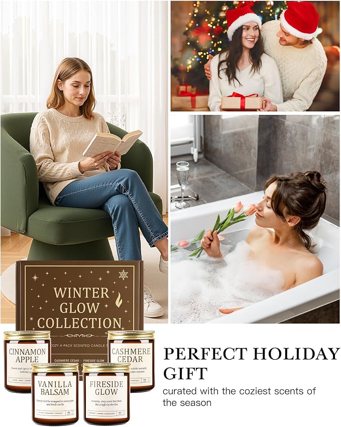 Scented Candles Gift Set, Long Lasting 4 Pack Aromatherapy Candles for Home | 28 oz 200 Hour Burn, Vanilla Balsam, Cinnamon Apple, Cashmere Cedar, Fireside Glow, Gifts