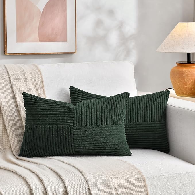 Fancy Homi Dark Green Lumbar Decorative Throw Pillow Covers 26x16 Inch for Living Room Couch Bed, Boho Farmhouse Forest Green Home Decor, Soft Corduroy Corss Patchwork Cushion Case 40x65 cm