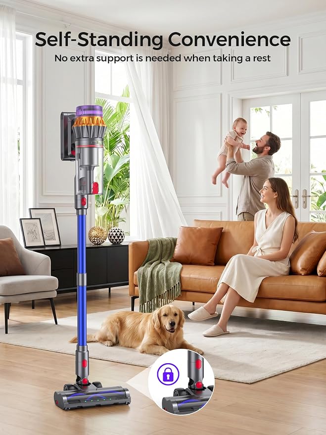 Cordless Stick Vacuum Cleaner, 600W 55Kpa 70Mins for Home, Pet Hair, Carpet | Self-Standing, Anti-Tangle Brush, Touch Screen, 6-in-1 Vacuum Cleaner, Green LED Dust Reveal, HEPA Filter, 1.5L Cup for Floor